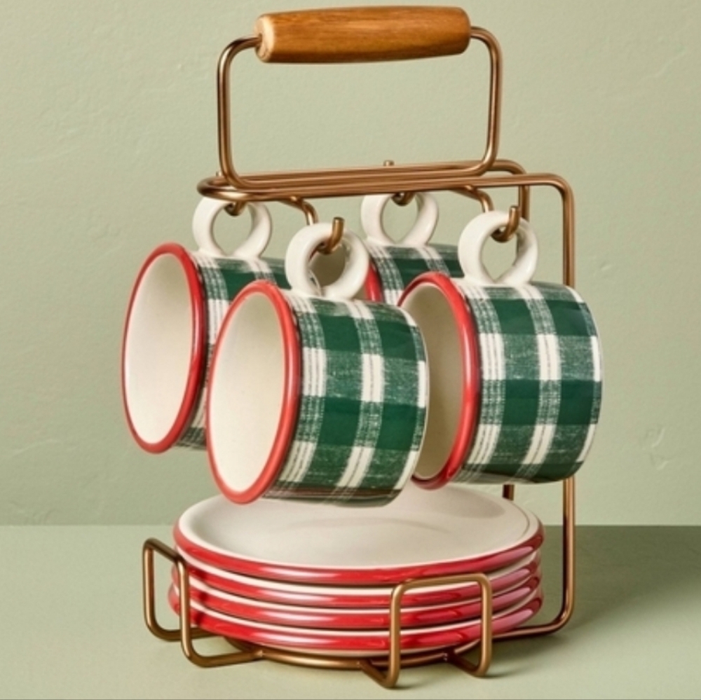 Hearth And Hand 9pc. Plaid Green and Red Hot Cocoa Mug Set with Caddy